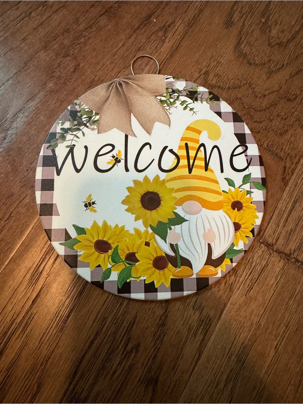 Welcome Sunflower Gnome Round Wall Sign - Yellow